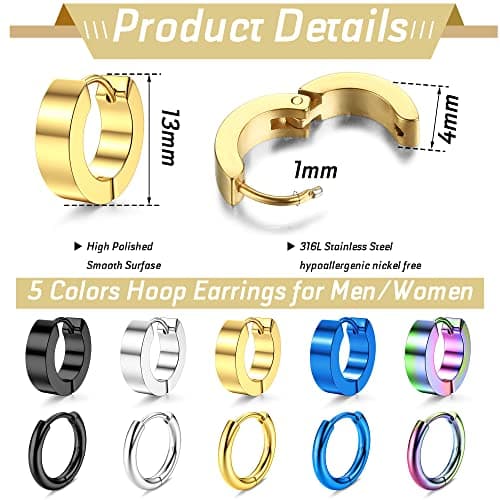 Adramata 10 Paires Boucles d'Oreilles Homme Créoles | Acier Inoxydable Coloré Or Noir Argent Piercing Helix Conque | Rec