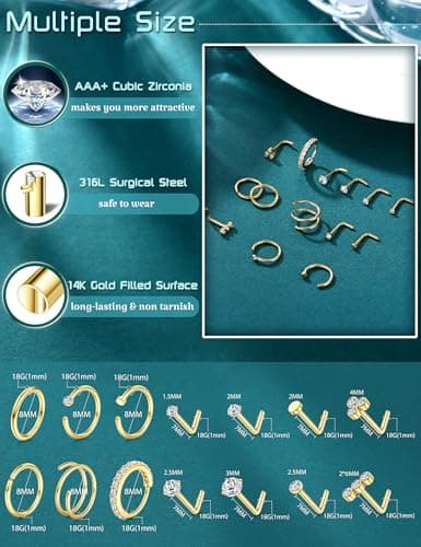 Diamday hypoallergénique piercing nez 20G 18G helix tragus conch septum anneaux Or argentجهاديل