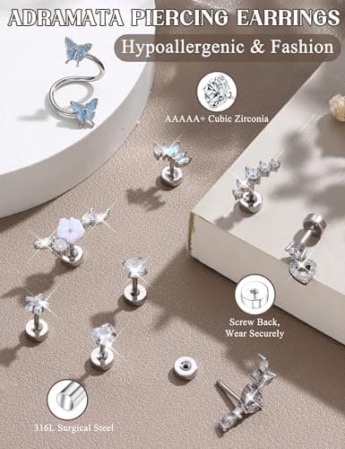Adramata oreille piercing 16G Tragus Conque Cartilage pour Femme - Boucles d'Oreilles Papillon Fleur Helix(paquet de 9)