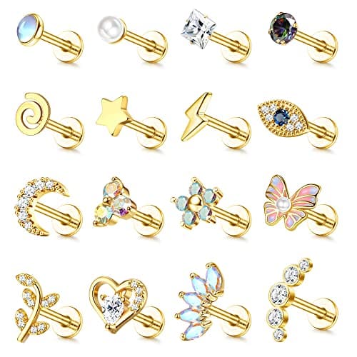 Adramata Acier Chirurgical Oreille Piercing pour Femme 16Pcs 16G Tragus Cartilage Fleur Papillon Conque Helix Bijoux Rec — Or-6MM