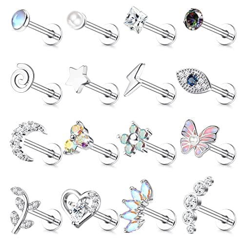 Adramata Acier Chirurgical Oreille Piercing pour Femme 16Pcs 16G Tragus Cartilage Fleur Papillon Conque Helix Bijoux Rec — Argent-8MM