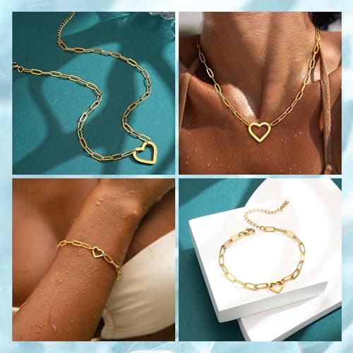Collier et Bracelets Acier Inoxydable Plaqués Or Adramata Coeur Imperméables pour Femme Empilables et Réglables