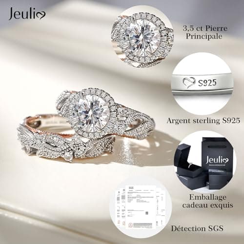 Jeulia 4 Carats Anneau De Fiançailles Diamant Blanc En Or Rose Et Argent Sterling 925 Ensemble De Mariage Homme Et Fille
