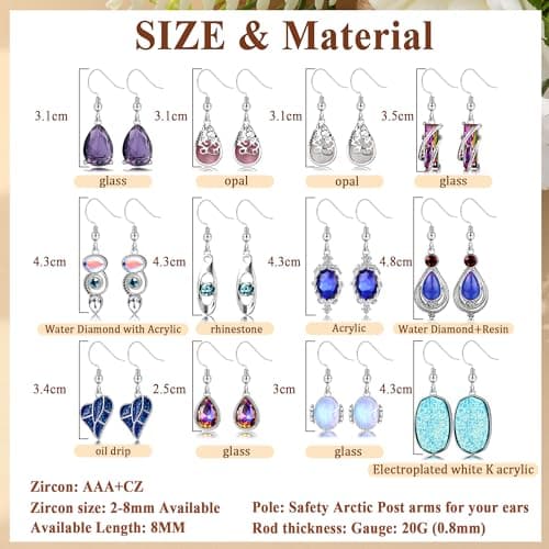 Adramata 12 Paires Boucles d'Oreilles Femme Mode Vintage Acier Inoxydable Pierre de Lune Fantaisie Boho CadeauZW