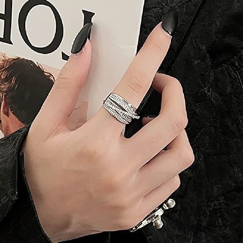 Bague Argent Ajustable avec Zircon pour Femme Fille Ado, Design Géométrique Vintage, Bague Ouverte pour Pouce et Doigts