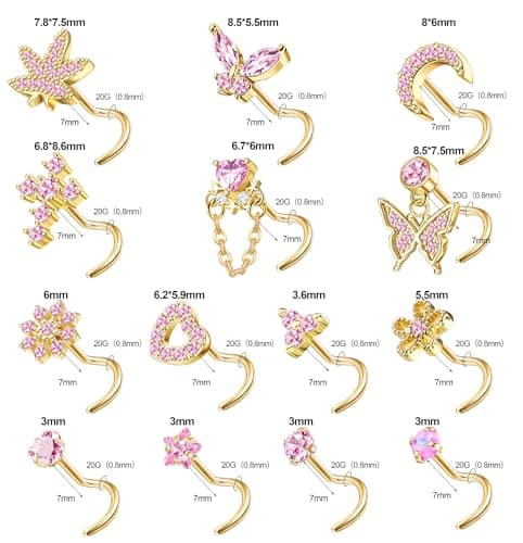 Milacolato Piercings Nez Femme Or Acier Inoxydable CZ Anneaux de Nez Argent Coeur Papillons Clous de Nez Bijoux 14Pièces