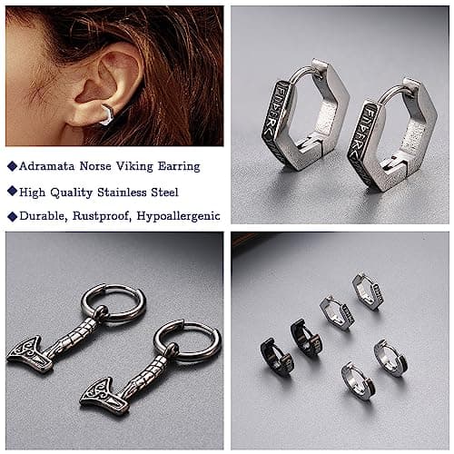 Adramata Boucles d'Oreilles Hommes Acier Inoxydable, Viking Runes Noir, Diamètre Intérieur 9mm Recycled Claim Standard 1