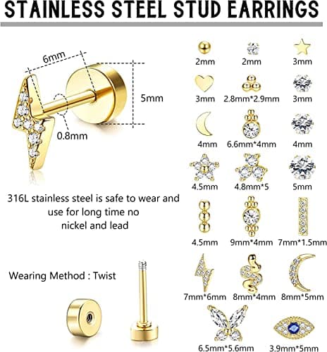 Adramata 20Pcs Acier Inoxydable Petite Boucles D'Oreilles 20G pour Piercings Cartilage Tragus Daith Hommes et Femmes Vis