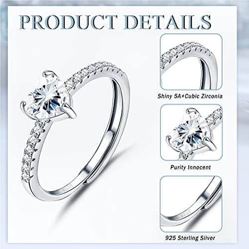 JeweBella Bague Femme Argent 925 Zirconium Élégant Coeur Reglable Amitié Fiançailles Mariage Alliance Anniversaire Bijou