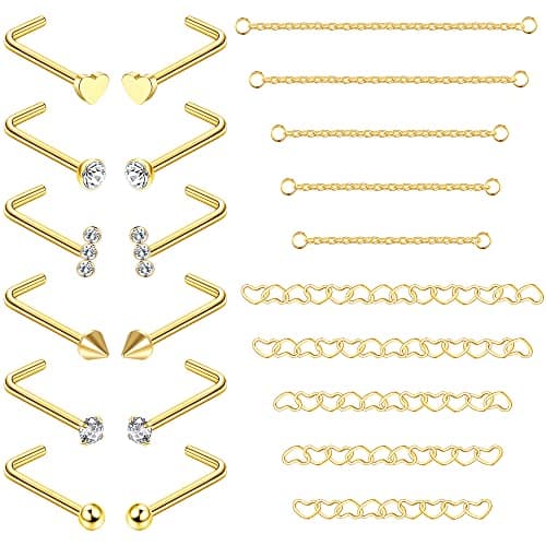 Adramata 12Pcs Nez Anneau + 10Pcs Chaîne de Nez pour Double Piercing de Femmes et Hommes - Acier Chirurgical 20G Recycle — Or-a