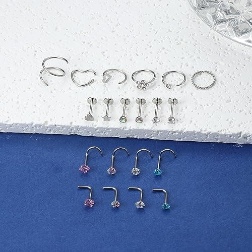 Adramata Élégants Piercings au Nez pour Femme et Homme - 20PC Acier Chirurgical 2MM CZ Coeurbijoux Recyclé Standard 100