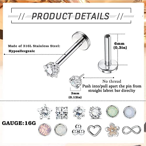 Adramata Piercings 16G Acier Inoxydable pour Femmes Hommes Corps Piercingsbijoux Monroe Goujons à Lèvres Tragus Helix Co
