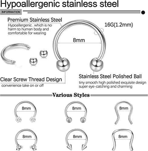 Adramata Septum Piercings 16G 8MM Bijoux, Hommes et Femmespour Accessoires Piercings, Écrous et Boucles d'OreillesRARÉFI