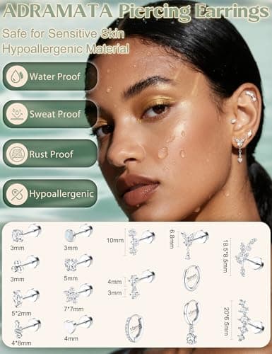 Adramata Acier Inoxydable Boucles d'Oreilles Femme Piercings Oreille Or Argent 16Pcs Helix Conch Tragus Cartilage Soldes