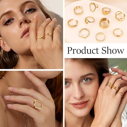 Diamday 10 Pièce Bague Femme Or 14K Acier Inoxydable Épais Dôme Tressé Empilable pour Articulations et Pouce Mode Visa M