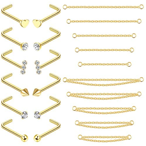 Adramata 12Pcs Nez Anneau + 10Pcs Chaîne de Nez pour Double Piercing de Femmes et Hommes - Acier Chirurgical 20G Recycle — Or-b