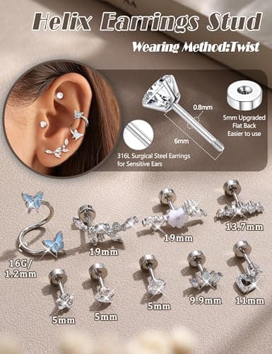 Adramata oreille piercing 16G Tragus Conque Cartilage pour Femme - Boucles d'Oreilles Papillon Fleur Helix(paquet de 9)