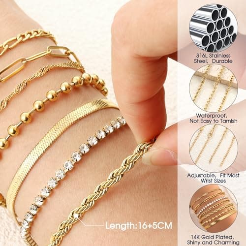 Adramata Chaîne Bracelet Acier Inoxydable Femme Regelable Réglable CZ Fantaisie Argent Or Ensemble 7 Pcs pour Femmes Fil