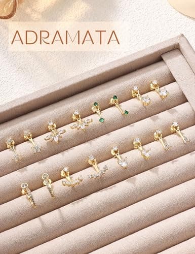 Adramata Boucles d'Oreilles Argent 925 Platine Or 14 Parties pour Femme | Coupe Double Face CZ Hypoallergéniques | Bijou