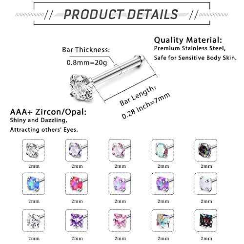 Adramata Clous de Nez en Chirurgical Multicolore pour Femmes et Hommes |bijoux de piercing nez | Recycled Claim Standard