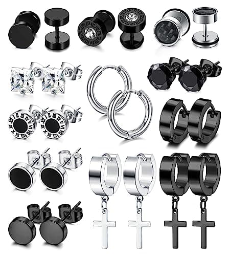 Adramata 12 Paires Boucle d'Oreille Acier Inoxydable Homme Cool Piercing Croix Recycled Claim Standard 100 mm Boucles d'