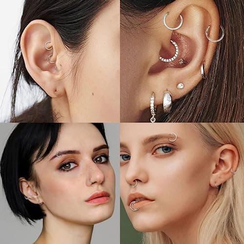 Adramata 9 PiècesAnneaux de Septum 16G Acier Chirurgical Opale CZ pour Femme Hommeavec Bijoux de Piercings 8MM 10MM Recy