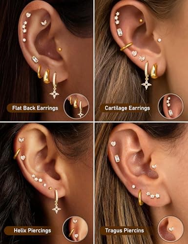 Adramata Boucles d'Oreilles Femme Or Argent Créoles Hypoallergéniques 9 Paires Piercings Tragus et Helix