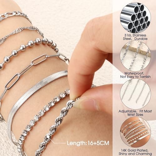 Adramata 7 Pcs Chaîne Bracelets Acier Inoxydable Femme pour Femmes Adultes Événements Formelles Réglables CSAO Format St