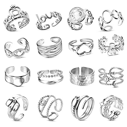 Bague Argent Acier Inoxydable LOLIAS pour Femmes - 16 Pièces Ouvert Réglable Vague Câlin Empilables Noeud Plume Orteil L — Ton Argent3