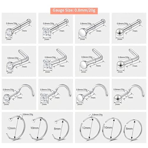 OQKAHIV Piercings Nez Anneau en Acier Chirurgical pour Femmes Hommes - 14 Pièces - Usage Sécuritaire et Hygiénique