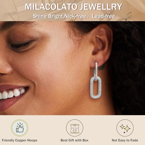 Milacolato Boucles d'Oreilles Convertibles Argentées avec Pavé de Zircon pour Femme Créoles Géométriques Plaquées Or 14