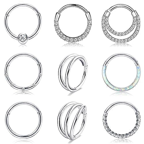 Adramata 9 PiècesAnneaux de Septum 16G Acier Chirurgical Opale CZ pour Femme Hommeavec Bijoux de Piercings 8MM 10MM Recy