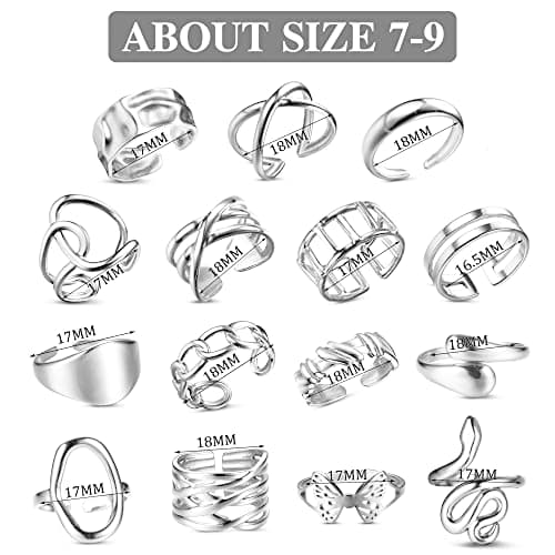 Bague Argent Acier Inoxydable LOLIAS pour Femmes - 16 Pièces Ouvert Réglable Vague Câlin Empilables Noeud Plume Orteil L