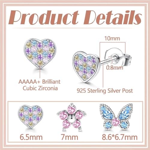 Adramata Boucles d'Oreilles Argent 925 Fille et Femme Hypoallergéniques Boucles d'Oreilles Fleur Coeur Papillon avec Des