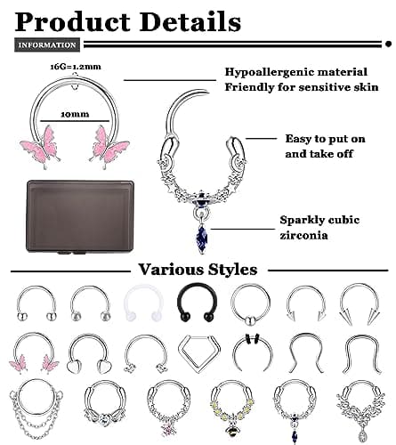 Adramata bijoux oreilles acier chirurgical septum nez CZ conch cartilage tragus helice 20 pièces 16G standard rekyclé 10