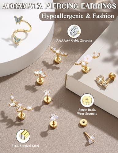 Adramata Oreilles Piercings pour Femme Acier Chirurgical Papillon Fleur Boucles d'Oreilles - Bijoux Tragus Conque Cartil