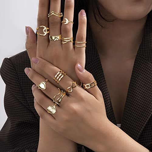 Adramata 12Pcs Bagues Femme Inoxydables Boho minimalistes Coeurs Infinis Reglables Or Argent Boho Bagues Femme Empilable