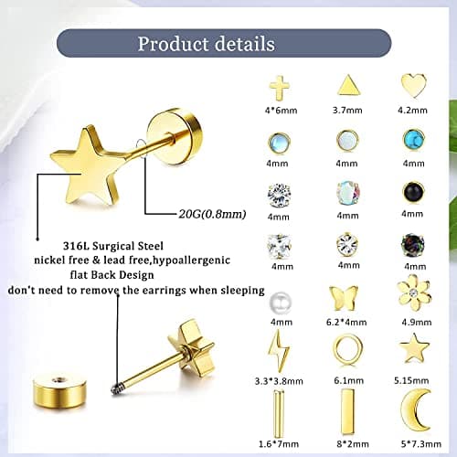 Boucles d'Oreilles à Vis 20G Acier Inoxydable Adramata 21 Paires