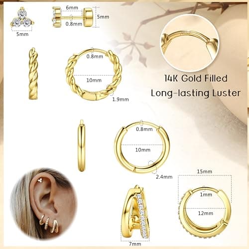 Adramata Boucles d'Oreilles Femme Plaqué Or 14K/Argent - Piercings Tragus, Helix & Creoles 100% Recyclé