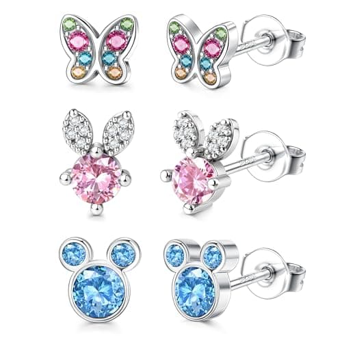 Adramata Boucles d'Oreilles Argent 925 Fille et Femme Hypoallergéniques Boucles d'Oreilles Fleur Coeur Papillon avec Des — Style Lapin