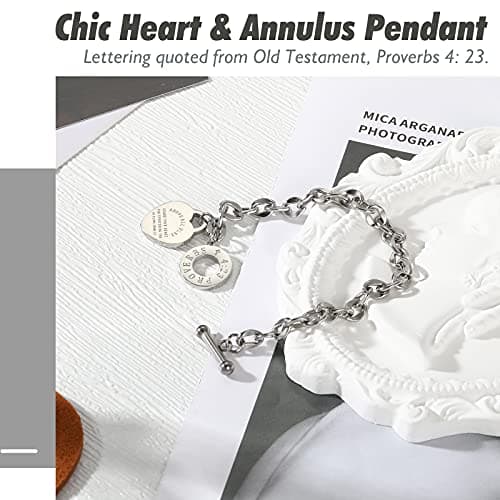 Emibele Bracelet en Forme de Cœur Exquis pour Femmes, Bijoux en Acier Inoxydable Filigrané, Chaîne Gravable avec Fermetu