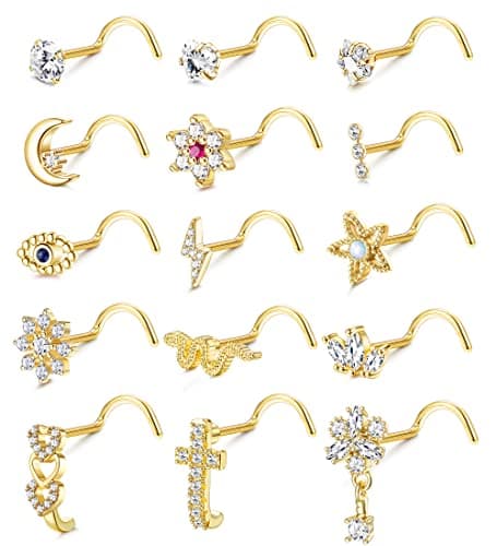 Adramata 15 Pcs Piercing Nez en Acier Chirurgical pour Femme et Homme - L/Vis en Forme de Serpent | Fleur Clous de Nez A — Or-S en Forme