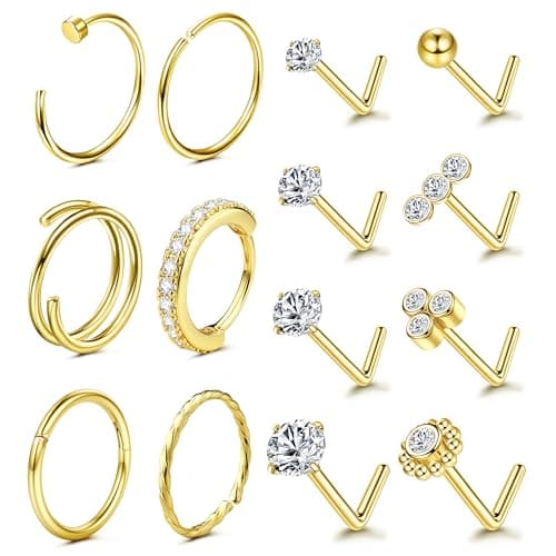 Adramata Or 14K Piercing Nez Acier Chirurgical Anneaux pour Hommes Femmes Hypoallergénique Anneau de Nez 20G Coeur Pierc — Or-CZ