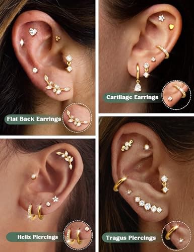 Adramata 16 Pièces Piercings Oreille Acier Inoxydable Boucles Femme Or Argent Conch Tragus Helix