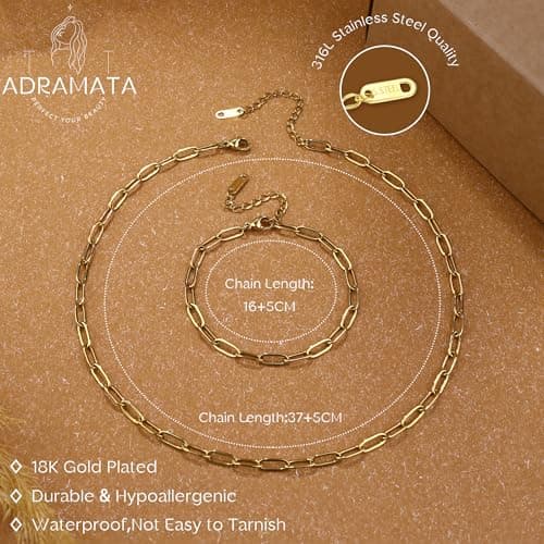 Collier et bracelet d'Adramata en acier inoxydable plaqué or 18K - bijoux empilables et imperméables pour femme