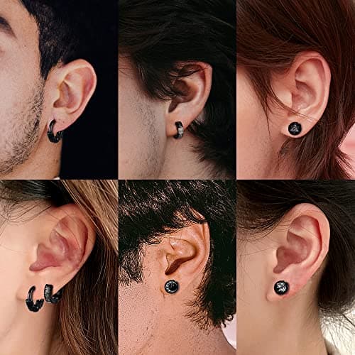 Adramata 8 Paires Boucles d'Oreilles Acier Inoxydable pour Homme et Femme, Boucles d'Oreille Créoles Noir, Faux Ecarteur