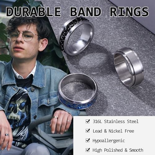 Adramata 9Pcs Bague Homme Anti Stress Recycled Argent Noir Acier Inoxydable Bague Mariage Fidget Bijoux Homme vintage