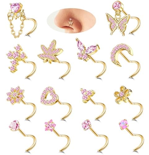 Milacolato Piercings Nez Femme Or Acier Inoxydable CZ Anneaux de Nez Argent Coeur Papillons Clous de Nez Bijoux 14Pièces