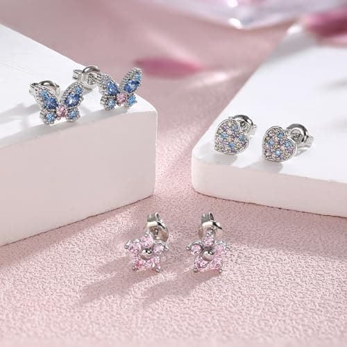 Adramata Boucles d'Oreilles Argent 925 Fille et Femme Hypoallergéniques Boucles d'Oreilles Fleur Coeur Papillon avec Des