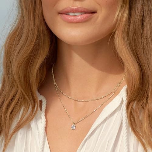 Chaîne Dochais en or 14 carats pour femme - Étanche - Pendentif carré - Solitaire - Mini CZ - Argenté/doré